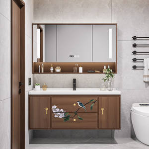 New Chinese style flower and bird embroidery bathroom cabinet intelligent mirror cabinet with light solid wood hanging - Product Image 5