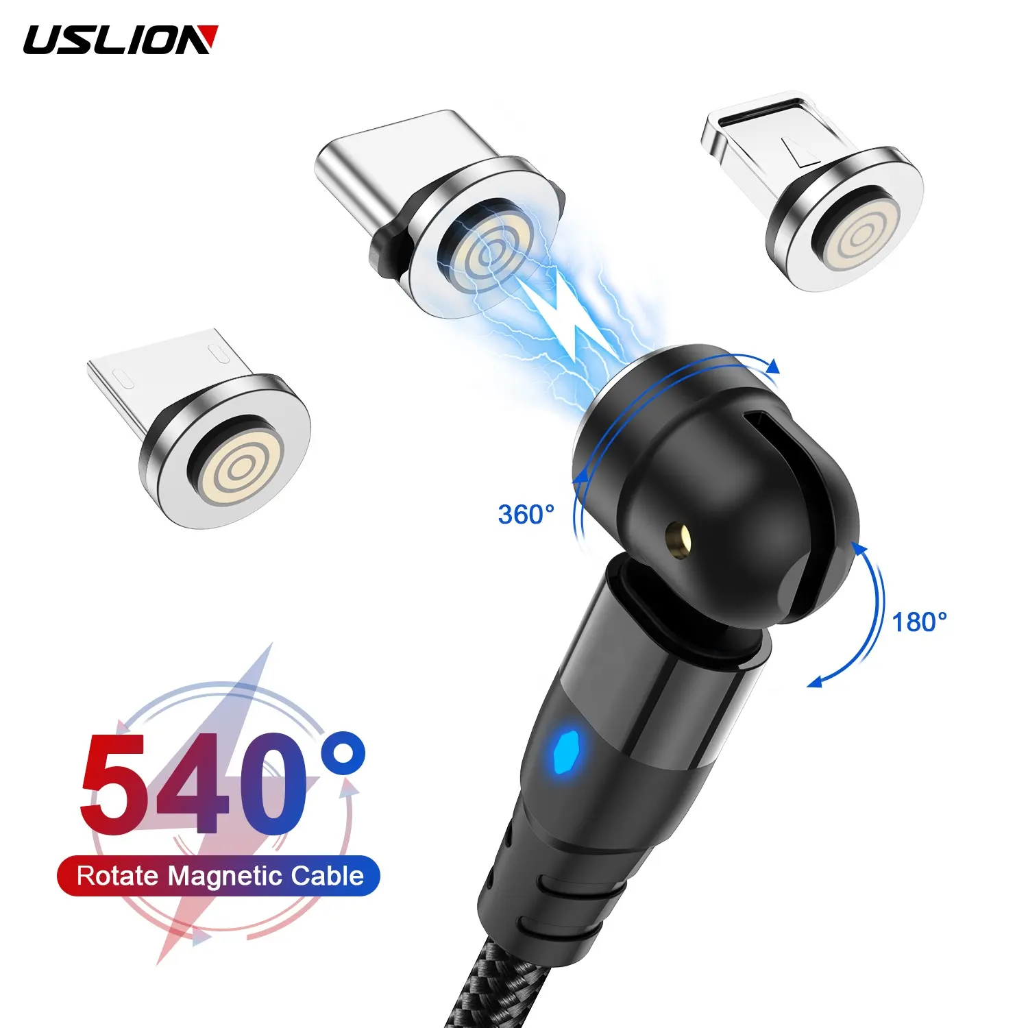 USLION 540 Rotate 3 in 1 USB Magnetic Cable 3AFast Charging Micro USB Type C Cable Magnet Charger Phone For iPhone