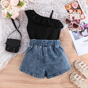 Set di abbigliamento per ragazze estive <span class=keywords><strong>eleganti</strong></span> e graziosi <span class=keywords><strong>pantaloncini</strong></span> in Denim con decorazione in pizzo Casual con bottoni a fiocco - Product Image 3