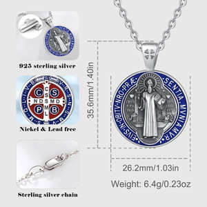 Merryshine 925ของผู้ชายเงินสเตอร์ลิงสีฟ้าเคลือบฟัน3D จี้ศาสนานักบุญเบเนดิกต์เหรียญสร้อยคอไข่มุกทอง - Product Image 5
