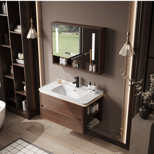 OEM Solid Wood Bathroom <strong>Vanities</strong> Walnut Color Wall Hung Bathroom <strong>Vanity</strong> Cabinet One-Piece Ceramic Basin Bathroom Cabinet - Product Image 2