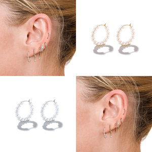 Boucles d'oreilles créoles en argent sterling S925 plaqué or en forme de C avec perles pour femme, bijoux de mariage - Product Image 5