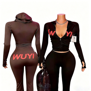 ชุดลำลองสองชิ้นสำหรับผู้หญิง กางเกงขาบานสีพื้น เสื้อแจ็คเก็ตมีฮู้ดแขนยาว ชุดจ็อกเกอร์ ชุดนิตติ้ง ชุดกีฬาฤดูร้อน ปักลายเพ้นท์ - Product Image 2