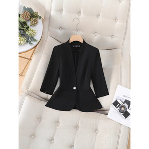 Women's Black Three Quarter Sleeve Blazer Fitted Waist Elegant Slim Fit Commute Spring Summer Autumn - Product Image 1
