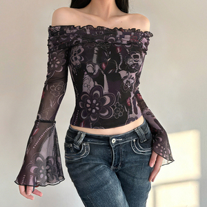 Camiseta de malla estampada vintage francesa con hombros descubiertos para mujer, blusa elegante fruncida de ajuste ceñido para primavera y otoño - Product Image 4