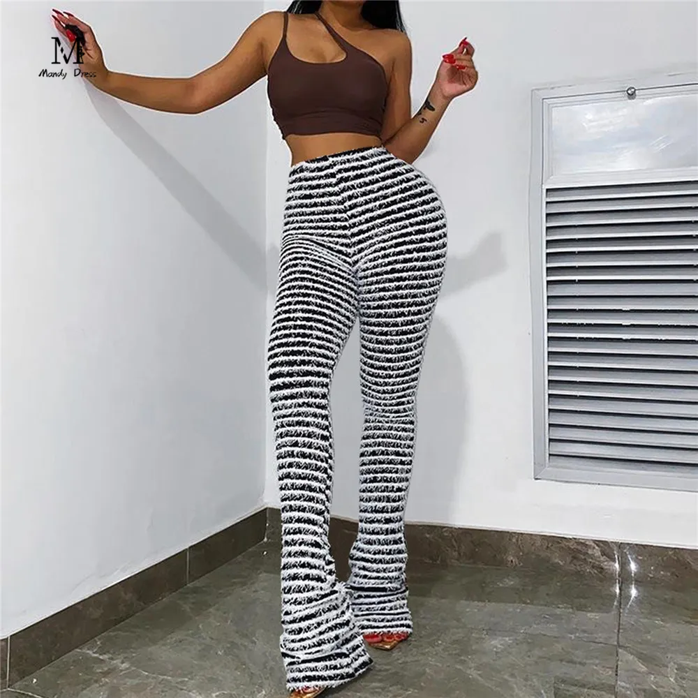 Fashion Womens Long Flare Pants Ladies Casual Bottoms Knit Stripe High Waist Y2K Clothes Streetwear Slim Ladies Trousers 2023