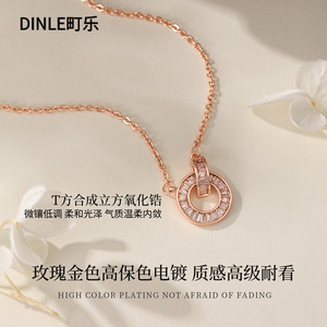Dinle Rose Gold Double <b>Ring</b> <b>Necklace</b> Channel Setting Geometric Pendant For Women Daily Wear Gift - Product Image 3