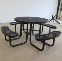 Table de pique-nique extérieure en métal sur mesure avec bancs, revêtement thermoplastique, table de pique-nique ronde commerciale avec banc