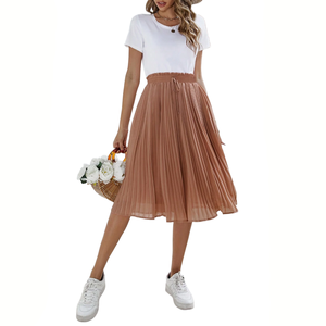 <span class=keywords><strong>Jupe</strong></span> midi plissée taille haute en mousseline de soie marron avec volants et cordon de serrage pour <span class=keywords><strong>femme</strong></span> – Élégante, décontractée, idéale pour le quotidien et les vacances - Product Image 1