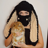 Masque facial avec grandes oreilles d'ours et d'lapin, couvre-tête, tricoté à la main en coton/élasthanne, épaissi, chaud, en peluche, bonnet d'hiver doux et cool