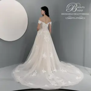 Vestido de novia de calidad con hombros descubiertos, elegante vestido de novia con apliques de encaje, vestido de novia de lujo