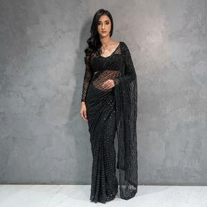 Sari Negro de Diseño Indio para Mujer, Ropa de Fiesta, Moda Étnica, Último Modelo Exclusivo Premium, Mono Net Sari de Secado Rápido - Product Image 1