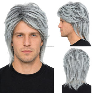Parrucca Corta Marrone da Uomo con Riccioli Esterni e Frangia Lunga Laterale, <span class=keywords><strong>Capelli</strong></span> Lisci, Rete in Seta Rosa, Fibra Resistente alle Alte Temperature - Product Image 3