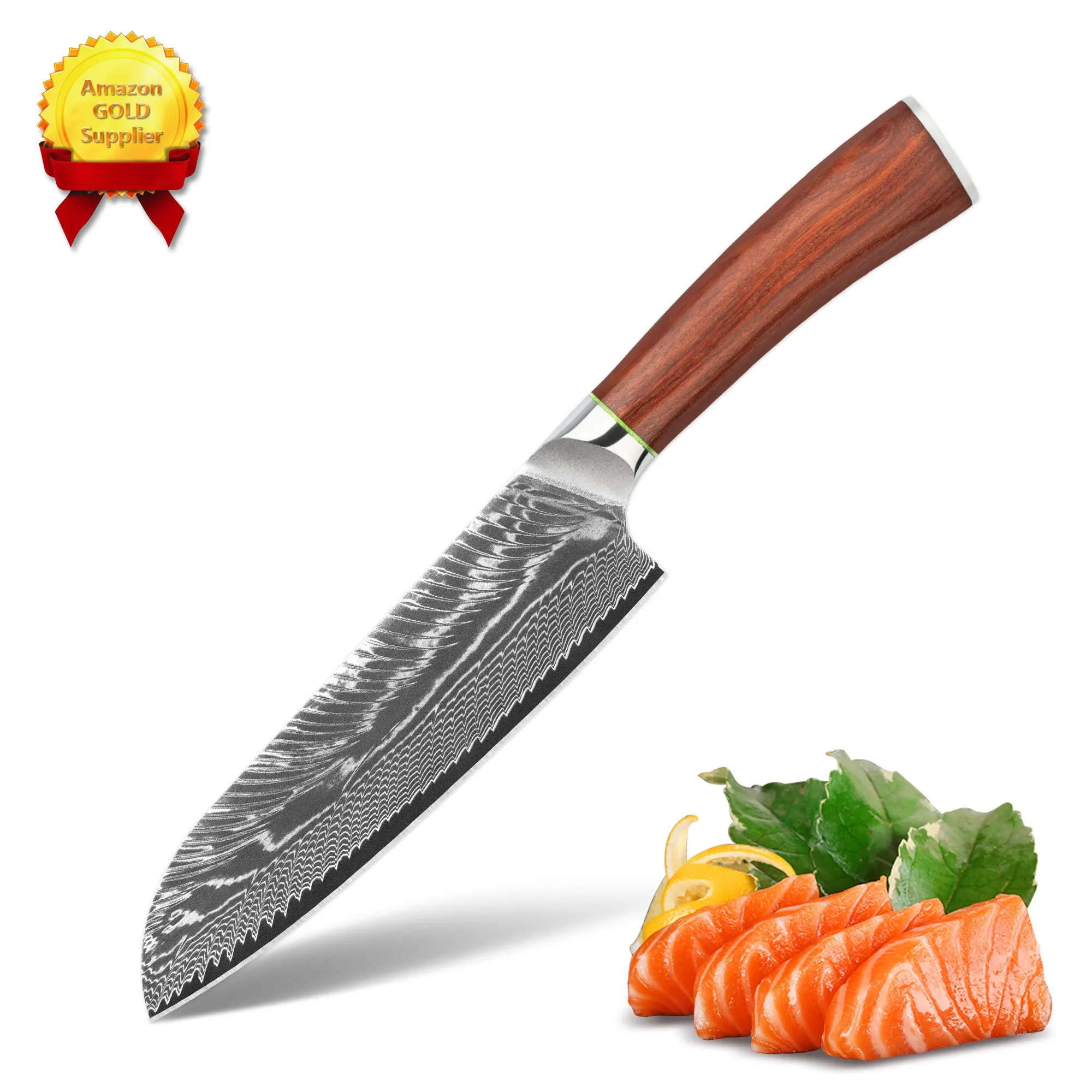 10% הנחה Custom לוגו בעבודת יד דם אלגום ידית דמשק 7 אינץ נירוסטה santoku סכין עבור אמזון חנות