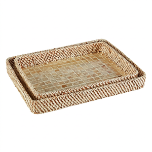 Free sample of rectangular mother-of-pearl inlaid rattan serving tray. Set of <b>2</b> <b>table</b> arrangement trays, Made in Vietnam - Product Image 1