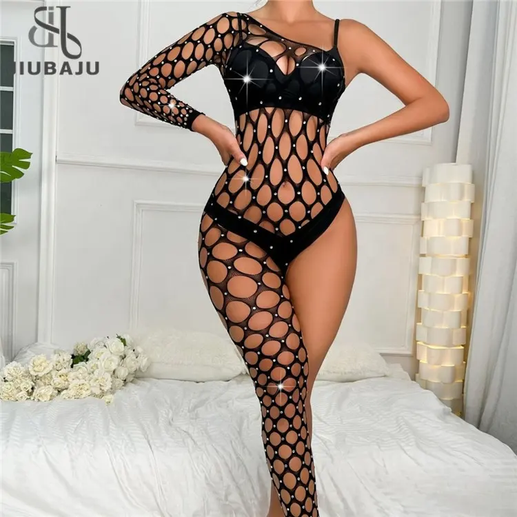 Body sexy com strass para mulheres, lingerie de perna única, meias de malha erótica para boate, roupa de rede de pesca sexy