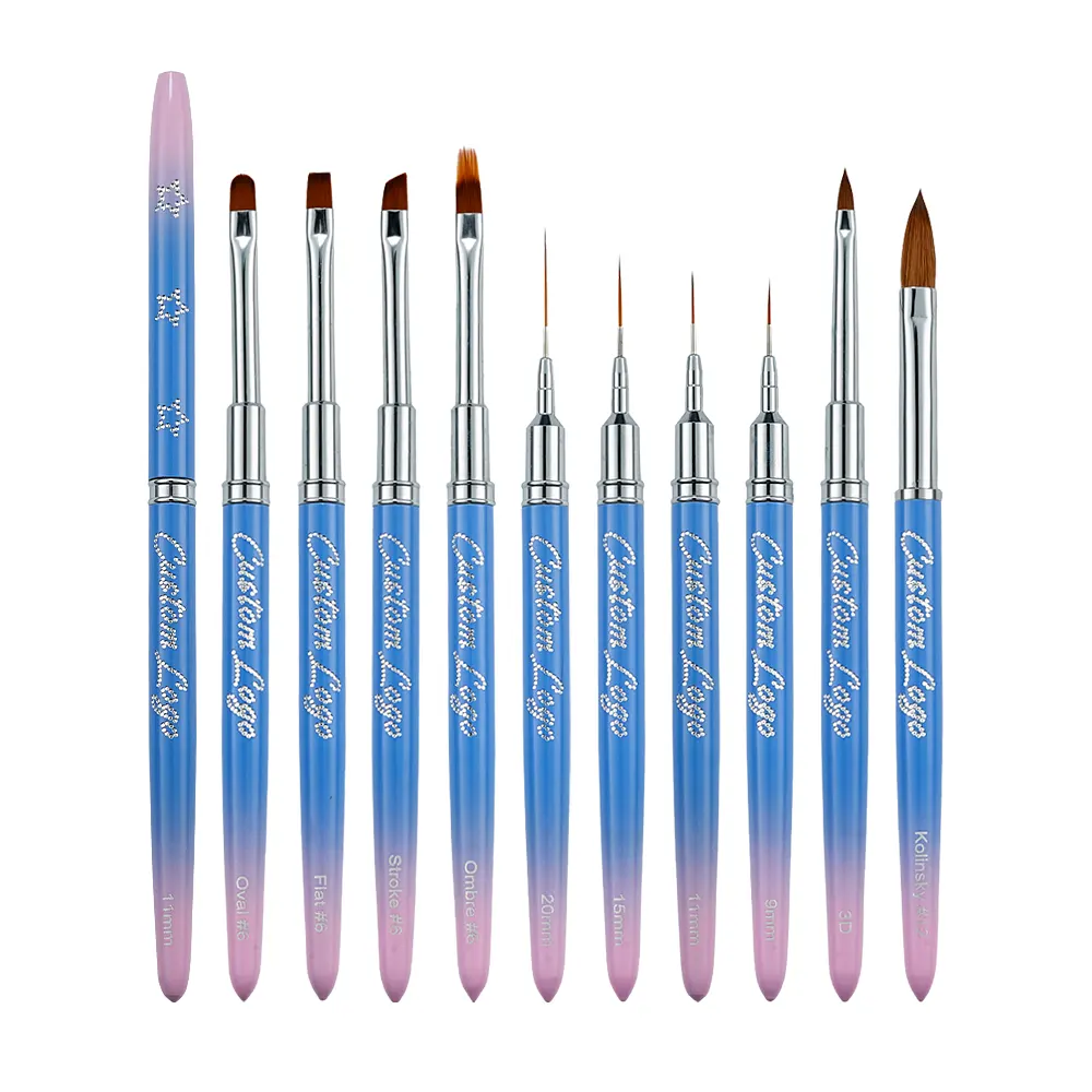 Градиентная цветная металлическая ручка 100% чистых колинских волос Акриловая кисть для ногтей, УФ-гель, лайнер, кисть для рисования лака для ногтей оптом