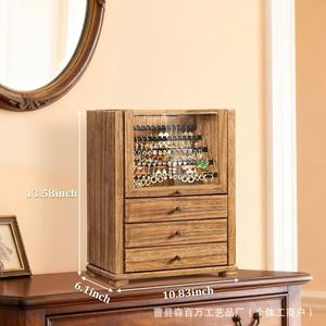 Boîte à bijoux en bois massif 13,58x10,83x6,1 pouces, rangement multi-niveaux avec porte en verre pour boucles d'oreilles, bagues, colliers, bracelets - Product Image 1