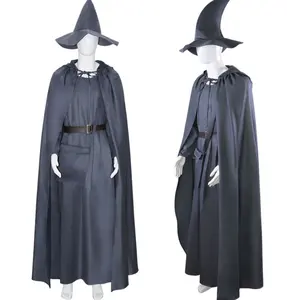 MTXC kostum Cosplay Lord Rings jubah abu-abu dewasa jubah tunik kinerja Halloween kostum Gandalf dengan topi 5 buah/set