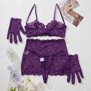 Conjunto de lencería Sexy 2025, conjunto de ropa interior de encaje morado, conjunto de 4 piezas con guantes, lencería elegante para mujeres europeas y americanas - Product Image 6