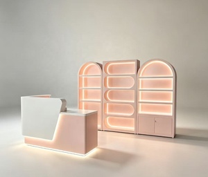 Factory direct sales Pink Beauty Salon Reception <b>Desk</b> & LED Arch Display Cabinet Set For <b>Nail</b> Spa Clinic - Product Image 1
