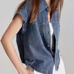 Veste en jean pour femme à logo personnalisé, 100% coton, délavée à l'acide, à manches courtes, simple boutonnage, de haute qualité - Product Image 2