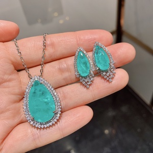 Factory Wholesale 8*16mm Paraiba Zircon Elegant Necklace <b>Earrings</b> <b>Set</b> Eco-friendly Copper Zirconia Jewelry Gift <b>Set</b> - Product Image 3