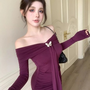 Off The Shoulder Purple Long Sleeve Halter Dress Bodycon Mini Skirt With Bow Wrap Tie Design For Women Spring Fashion - Product Image 3