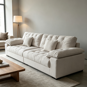 Canapé moderne en tissu capitonné en forme de L, trois places, avec accoudoirs rembourrés, pieds en bois, design minimaliste scandinave, meubles de salon - Product Image 4