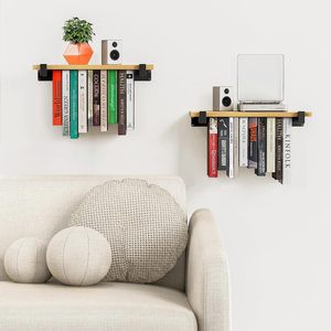 Étagère murale combinant bois et fer, étagère flottante pour la maison, le salon, le bureau et l'organisation. - Product Image 2
