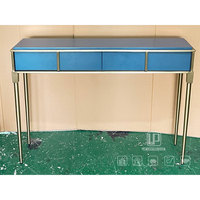 Console de rangement de luxe bleue de haute qualité à 4 tiroirs avec pieds métalliques fins, style victorien, pour salon, bureau ou villa