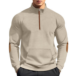 Otoño de los hombres de manga larga patrón sólido pulóver cuello alto sudadera media cremallera pequeño cuadrado Jacquard diseño terciopelo Sudadera con capucha - Product Image 3