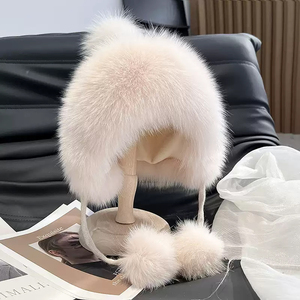 Cálido y esponjoso <span class=keywords><strong>sombrero</strong></span> de <span class=keywords><strong>paja</strong></span> de piel de zorro protección del cuello del oído <span class=keywords><strong>sombrero</strong></span> de bola de aviador de punto - Product Image 6