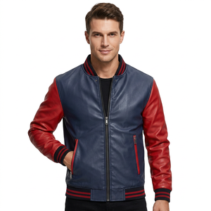 Men's Two Tone Genuine Leather Varsity <b>Jacket</b> Color Blocking <b>Zipper</b> Closure Casual Winter Breathable Windproof Streetwear - Product Image 1