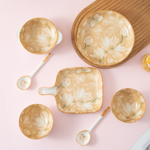 Nordic Plant Lotus Pond Moonlight <b>Bone</b> China Bowl High-Value Douyin Internet Celebrity Tableware Home Use Underglaze Color - Product Image 4