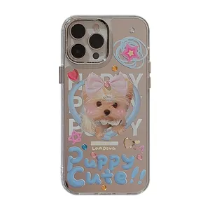 Cute Little Dog Makeup Mirror Face Stick Diamond Phone Protection Case for iphone 15 plus 14 13 pro max 12 11 back cover for gir