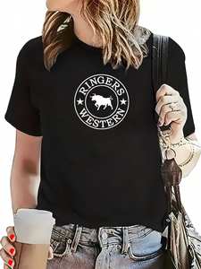 Camiseta de Manga Corta para Mujer con Estampado de Toro Occidental, Blanca, Estilo Pareja para San Valentín, Corte Regular, Algodón Jersey, Primavera Verano - Product Image 1