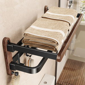 Blue Vine Walnut Wood Towel Rack 4 Bars Wall Mounted With Organizer Shelf For Bathroom - Product Image 2