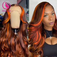 Peluca de Encaje Frontal Completo HD con Reflejos Naranja Jengibre Suave, Cabello Virgen Vietnamita Original, Pelucas sin Pegamento 5x5, Cabello Humano con Frente de Encaje