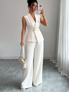 <span class=keywords><strong>Ensemble</strong></span> 2 pièces pour femme, blazer sans manches à col en V multicolores, <span class=keywords><strong>pantalon</strong></span> large, costume <span class=keywords><strong>de</strong></span> travail formel pour femme avec boutons, été - Product Image 4
