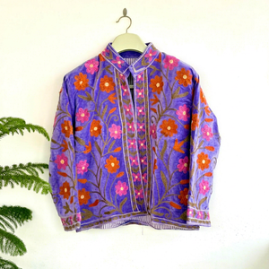 Ethnic <b>Purple</b> <b>Velvet</b> Embroidered Jacket With Multicolor Floral Pattern Full Sleeve Stand Collar Bohemian Women's Autumn Coat - Product Image 1