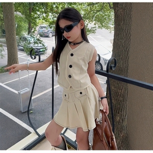 Nuovo Set di <span class=keywords><strong>abbigliamento</strong></span> da ragazza senza maniche gilet Top + gonna tinta unita completo da bambina - Product Image 2