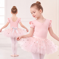 Justaucorps de ballet pour filles, design fendu, manches à volants, col en V, tutu étoile détachable, robe d'entraînement de danse quotidienne pour tout-petits et enfants, en spandex doux