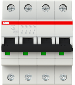 Interruttore automatico miniaturizzato ABB S204-C10 originale, 4 poli, 10A, curva C, 6kA, 400V CA, montaggio su guida DIN, per uso industriale e commerciale - Product Image 1