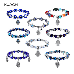 KUACHI Factory Großhandel Hot Sale Custom Devil <span class=keywords><strong>Evil</strong></span> Eyes Armband Harz Runde Perlen Armbänder Fatima Palm Charm Armband - Product Image 1