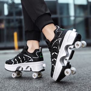 Roller Shoes Kids Automatic Retractable Wheel Sneakers Black White Size 33 43 Mesh Lining Double Row Wheels Sport Shoes - Product Image 2