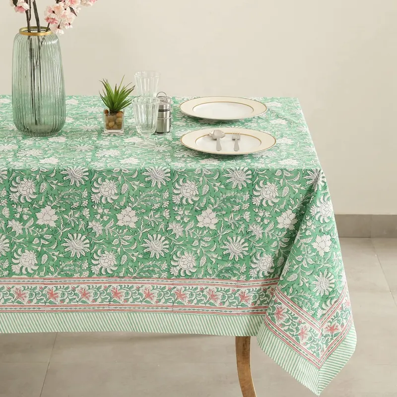 ผ้าปูโต๊ะผ้าฝ้ายทรงสี่เหลี่ยมสำหรับจัดเลี้ยงพิมพ์ลายบล็อกทำจากผ้าฝ้าย