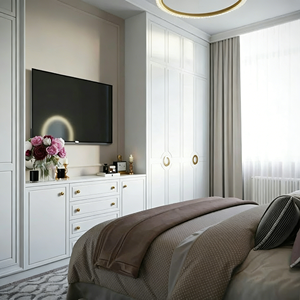 Armoire sur mesure en bois massif du sol au plafond avec support TV, ensemble de meubles de chambre à coucher moderne et minimaliste, Garde-robe - Product Image 2