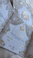 Carte d'invitation de mariage de luxe élégante avec illustration de lieu, design floral, dorure à chaud, couverture rigide, invitations de mariage format folio
