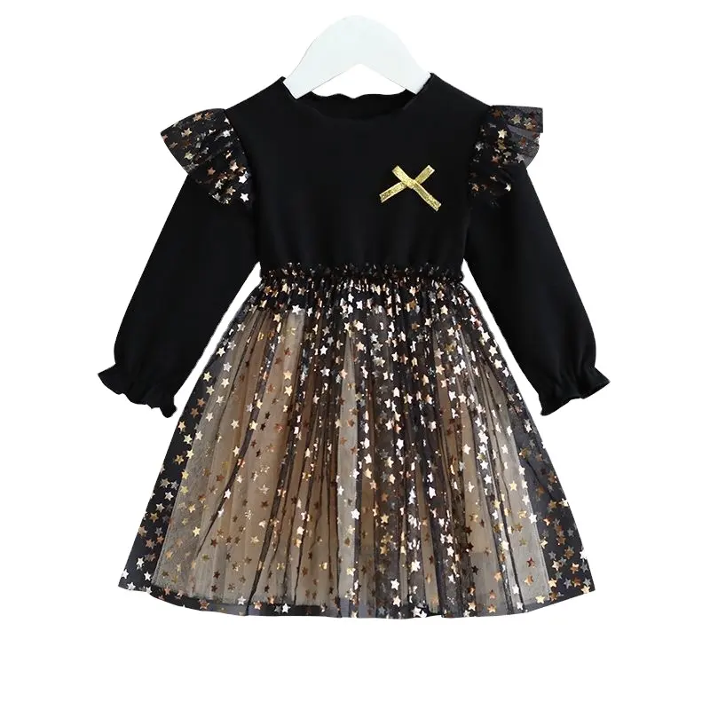 Черное платье для девочек на весну, Корейская версия для маленьких девочек, хлопковая юбка с помпоном, супер сказочная иностранная звезда, газовое платье принцессы